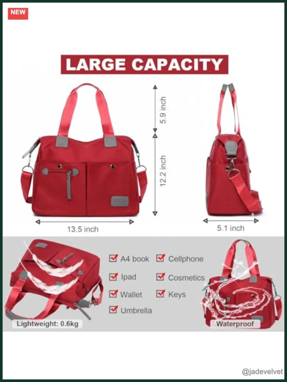 Large Multi Pocket Nylon Tote Bag Crossbody Satchel Work Bag
